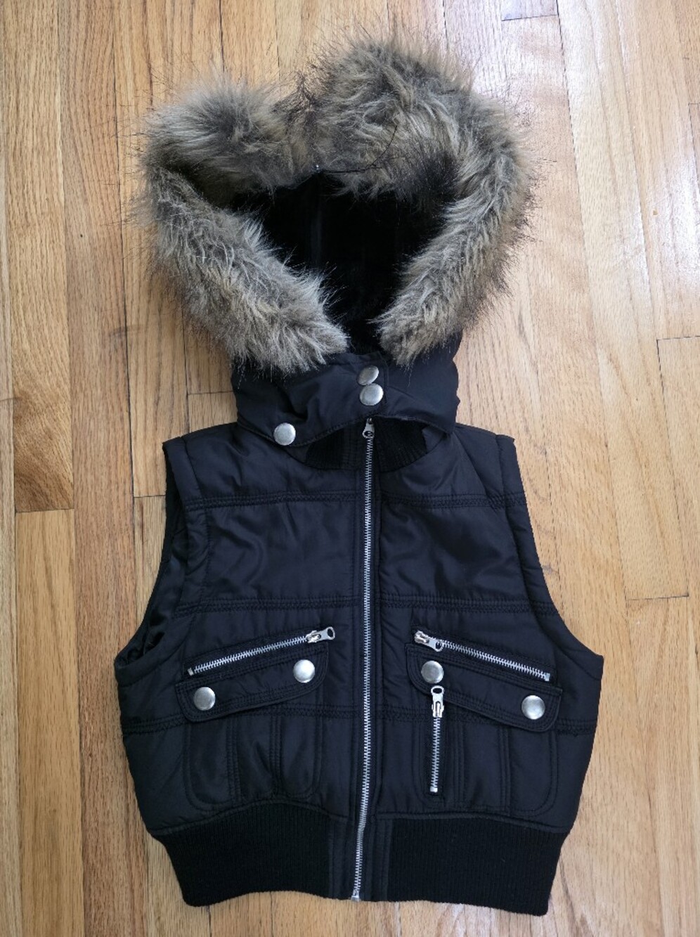 Y2K Black Puffer Sleeveless Vest With Faux Fur Trim Hood Sz S
